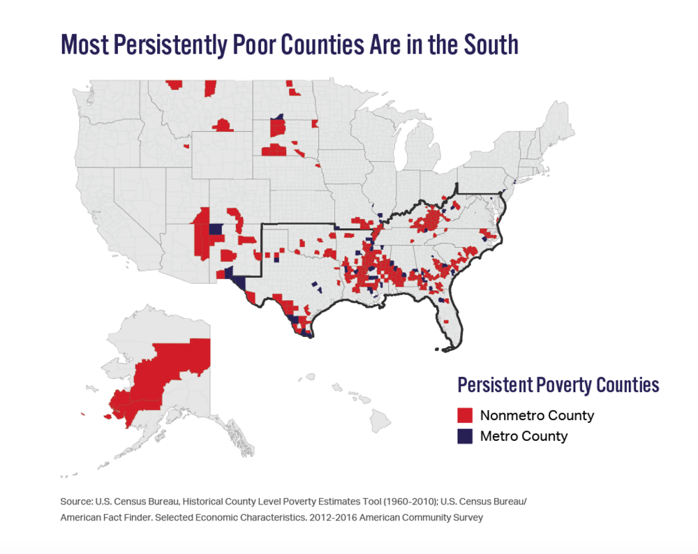 Map showing that most poor counties are in the Southern United States